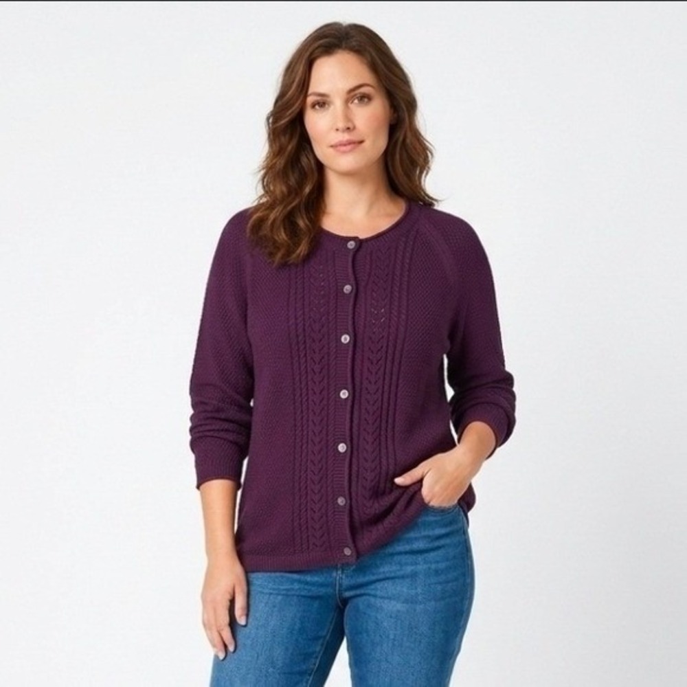 Coldwater Creek Purple Pointelle Knit Button Front Cardigan Sweater Womens XL
